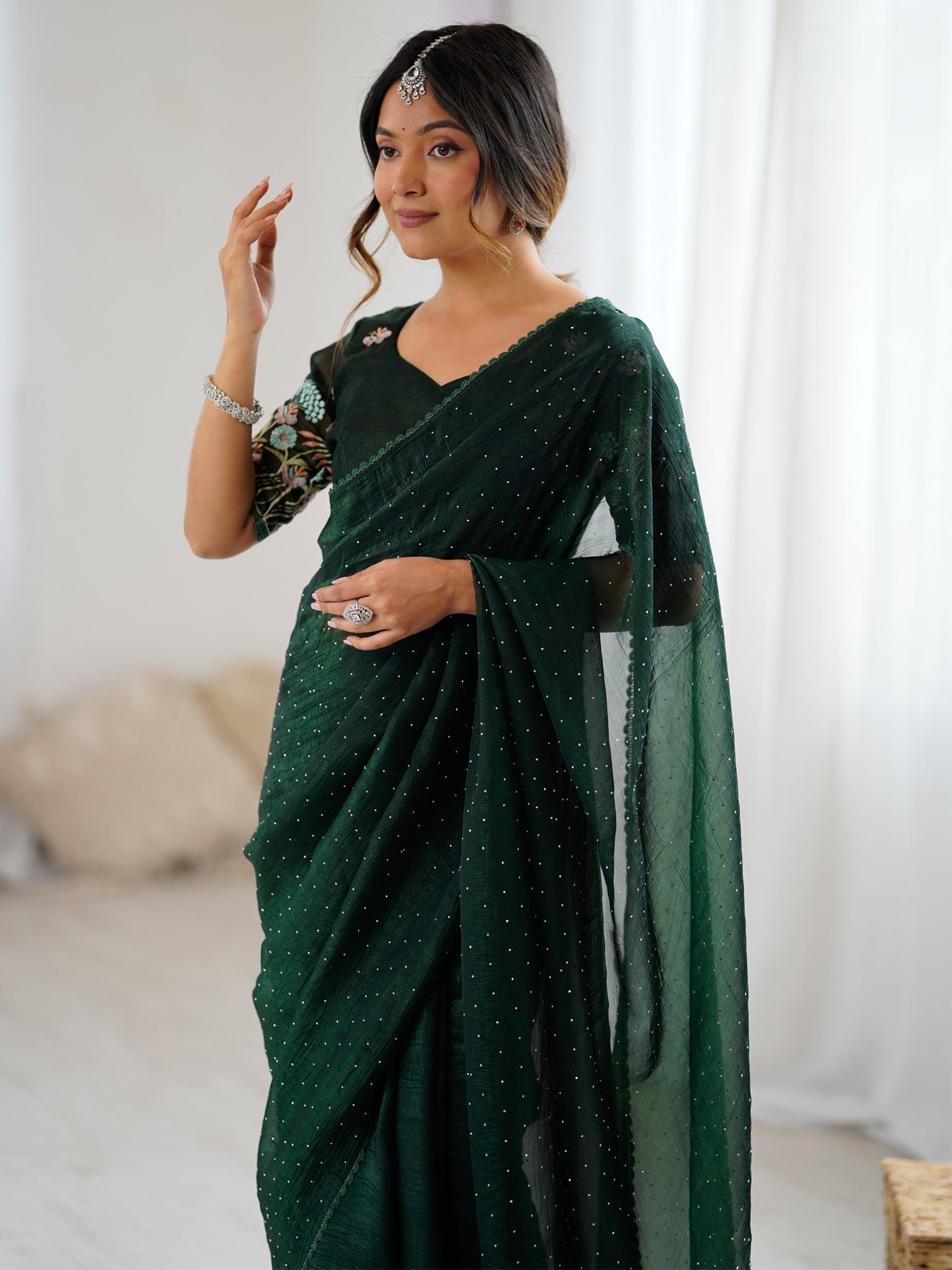 Dark Party Wear Tissue Embellished Saree