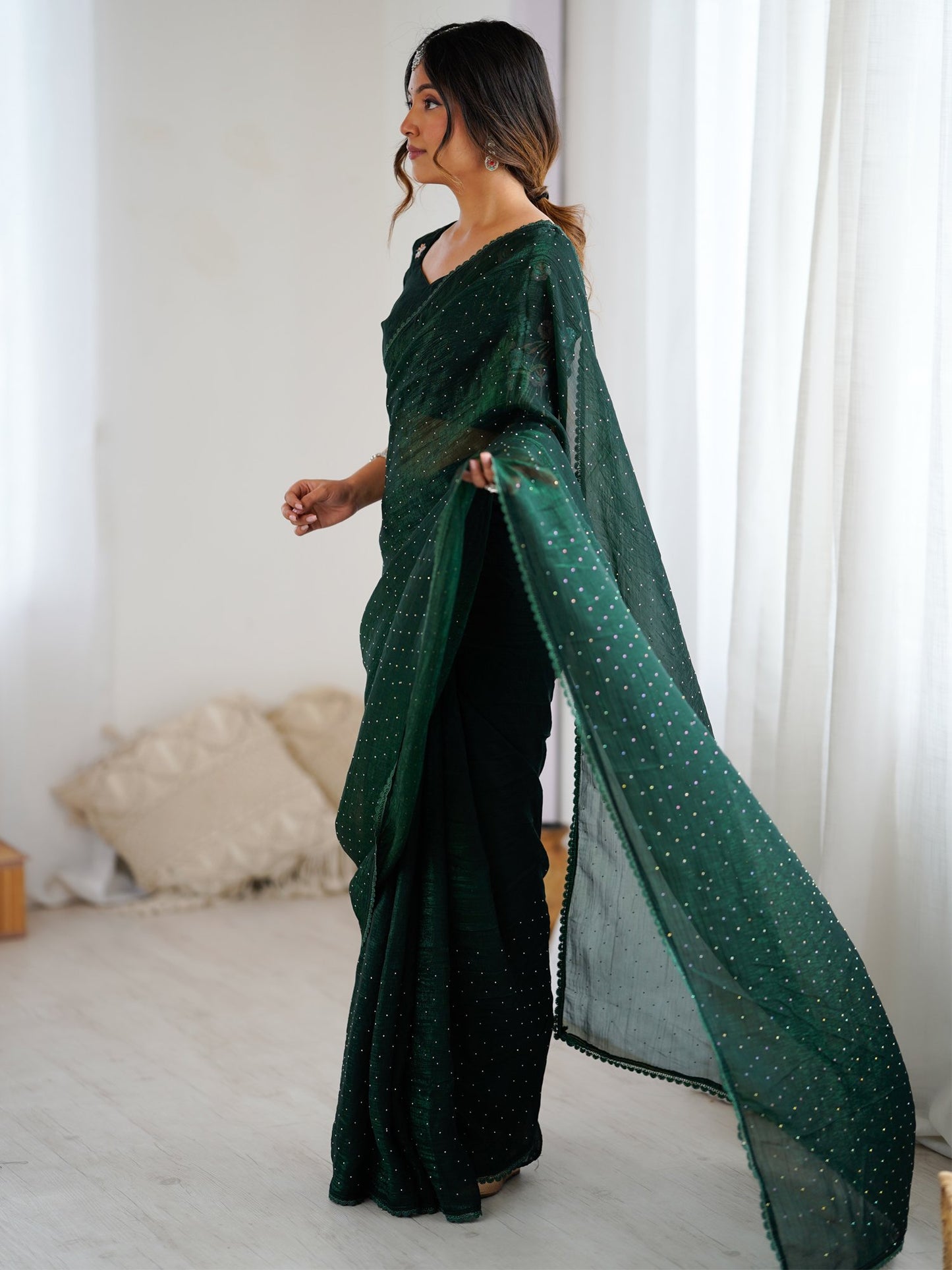 Dark Party Wear Tissue Embellished Saree