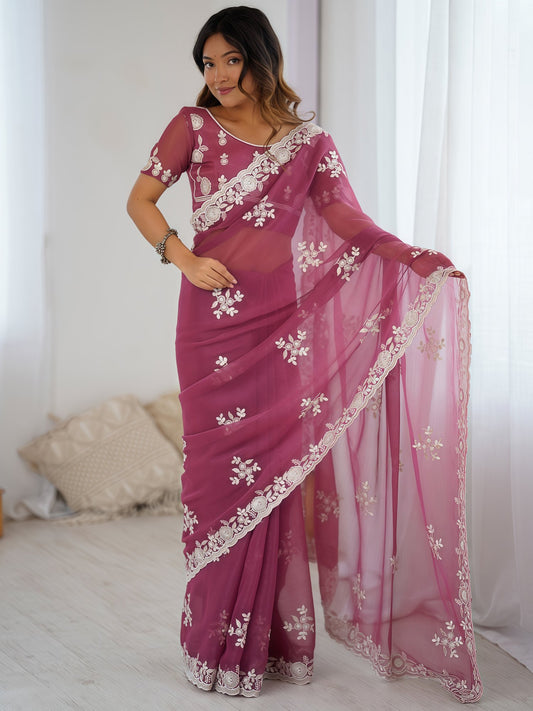 Pink Mauve Party Wear Georgette Embellished Saree