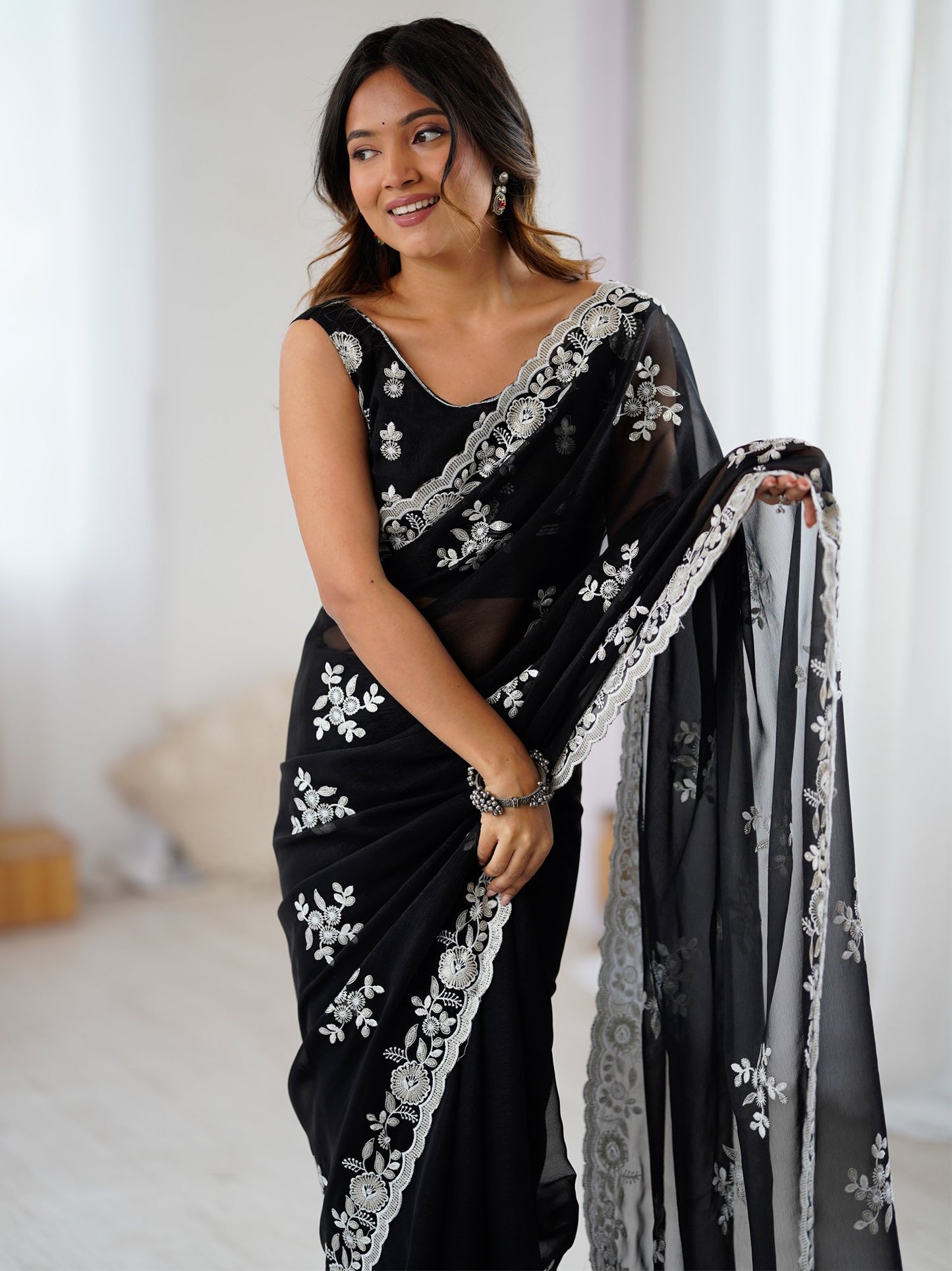 Black Party Wear Georgette Embellished Saree
