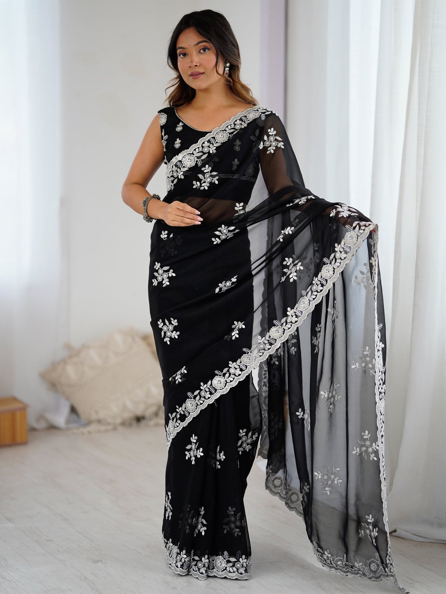 Black Black Party Wear Georgette Embellished Saree