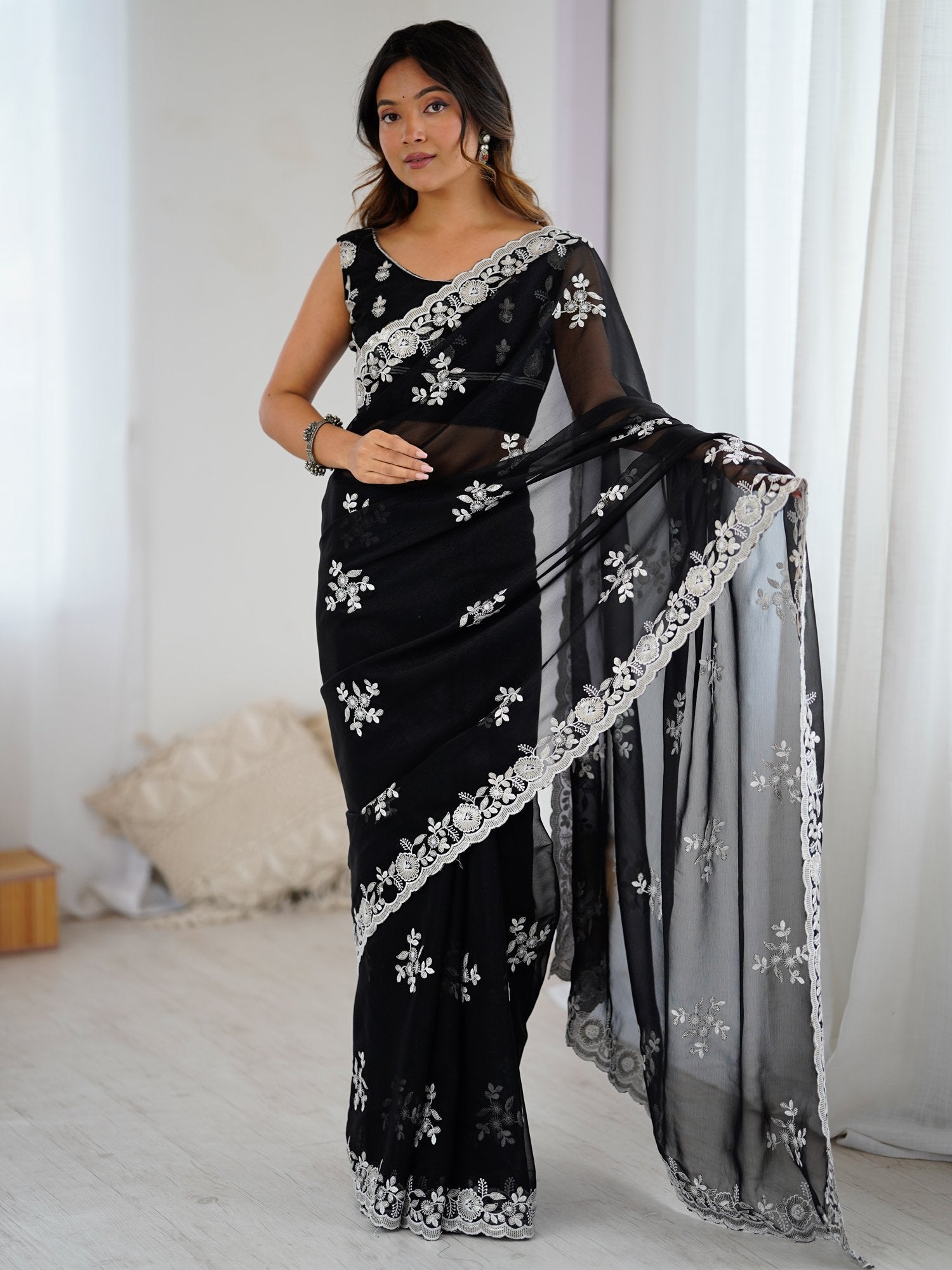 Black Black Party Wear Georgette Embellished Saree