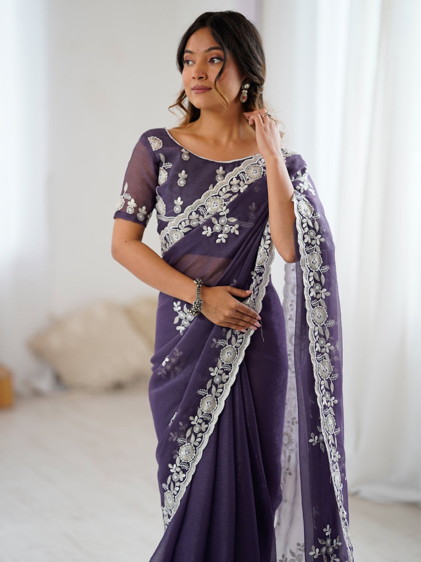 Purple Party Wear Georgette Embellished Saree
