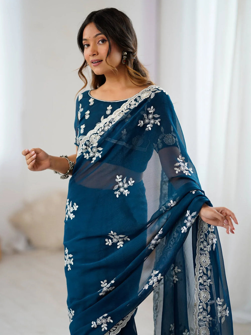 Teal Blue Party Wear Georgette Embellished Saree - The Dori Store