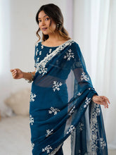 Teal Blue Party Wear Georgette Embellished Saree - The Dori Store