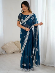Teal Blue Party Wear Georgette Embellished Saree - The Dori Store