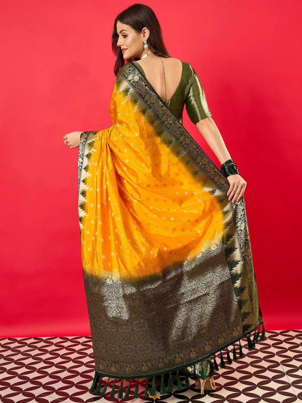 Yellow Banarasi Nylon Woven Saree - The Dori Store