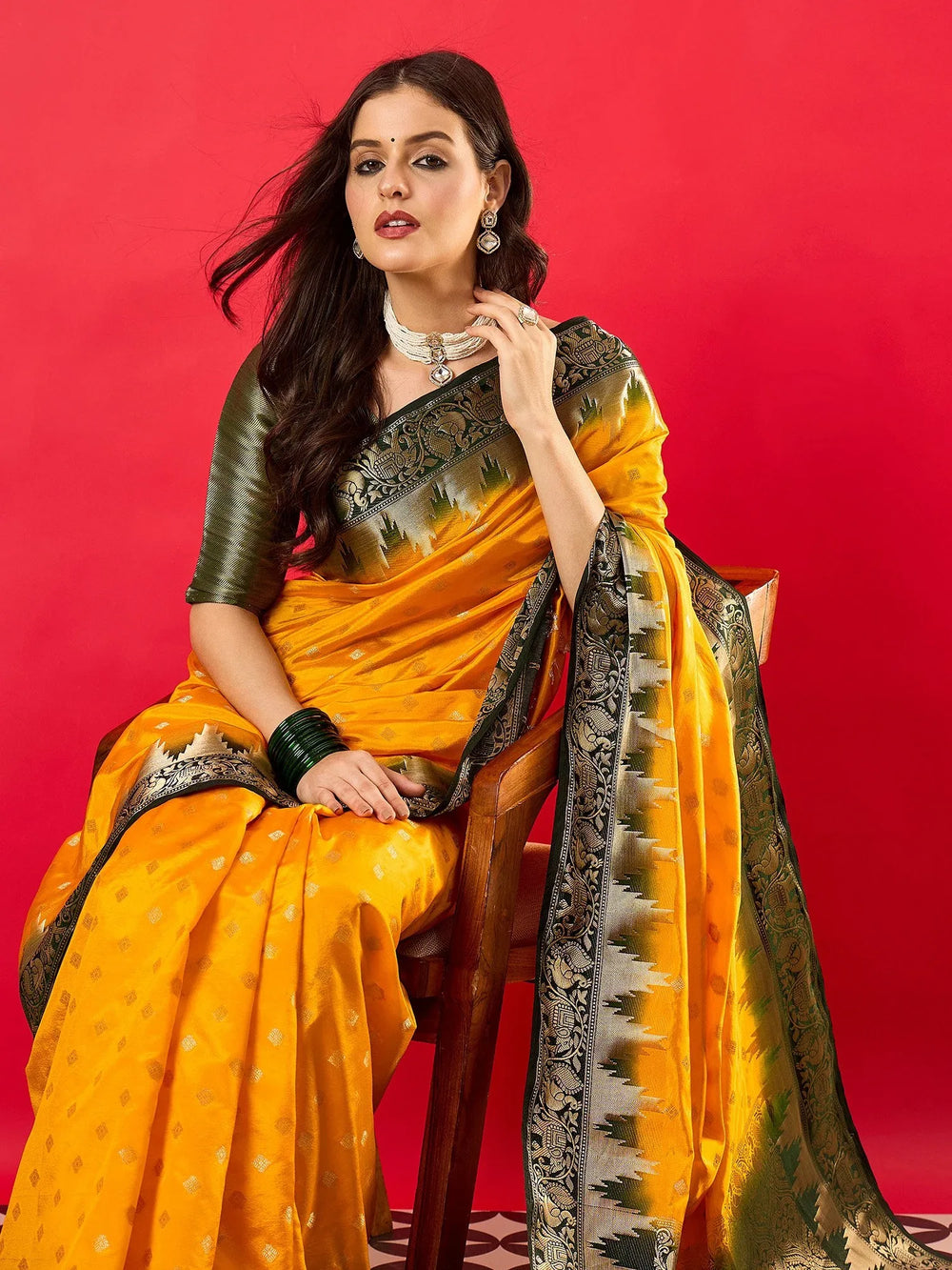 Yellow Banarasi Nylon Woven Saree - The Dori Store