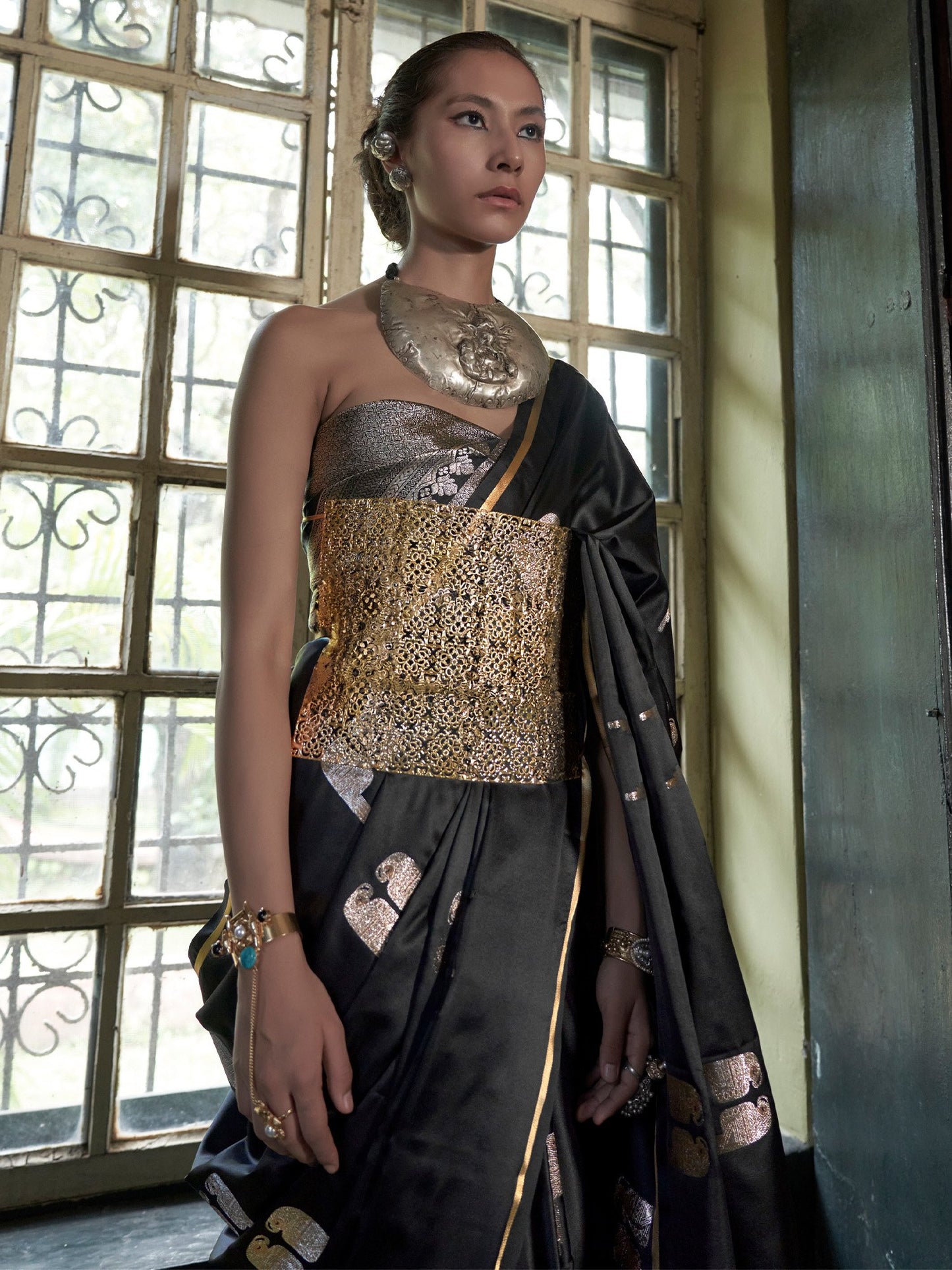 Black Banarasi Satin Woven Saree