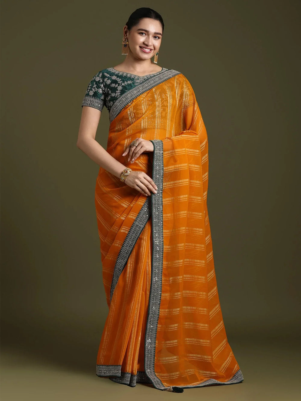 Yellow Party Wear Georgette Embellished Saree - The Dori Store