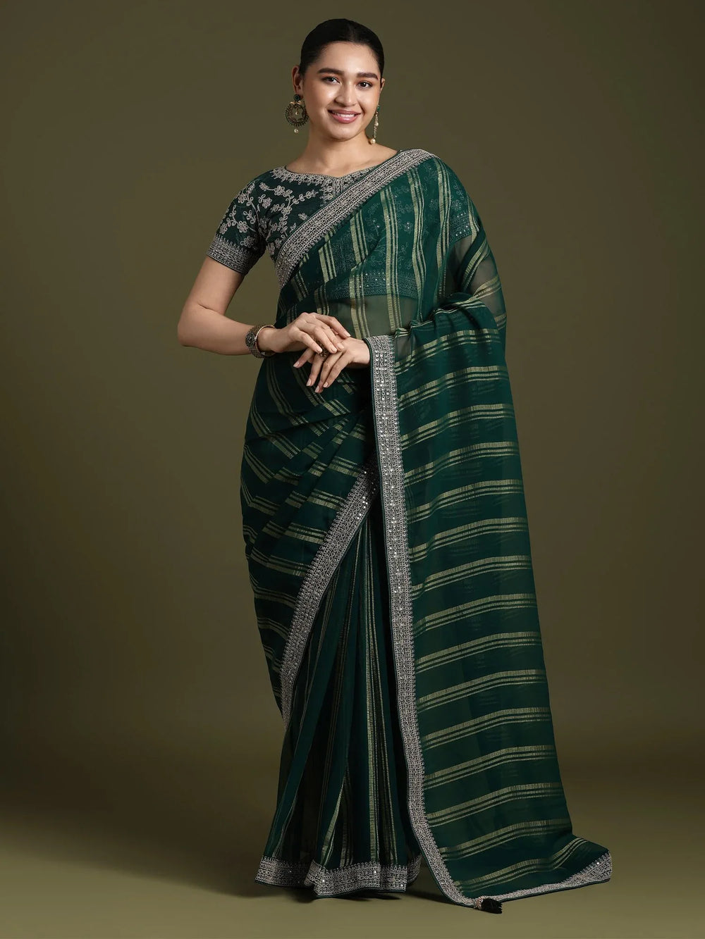 Green Party Wear Georgette Embellished Saree - The Dori Store