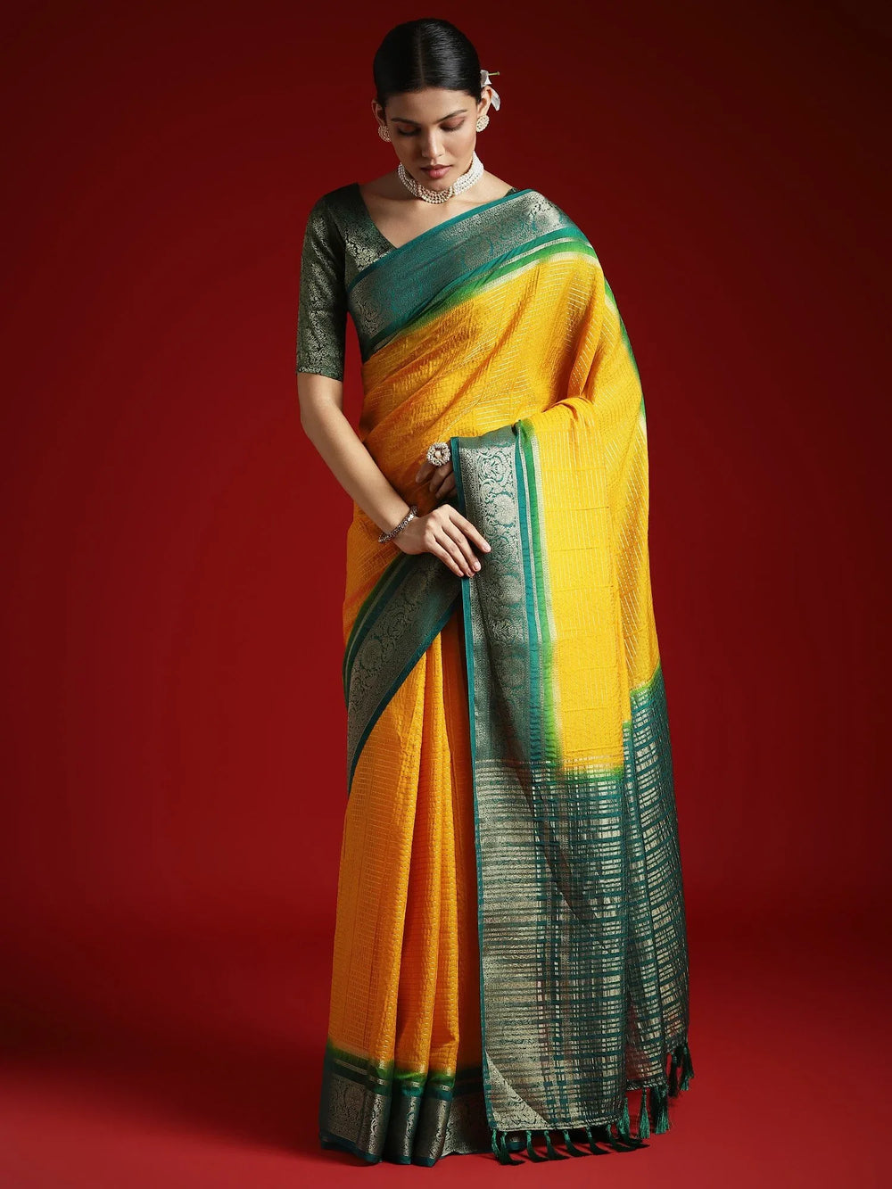 Yellow Leheriya Crepe Woven Saree - The Dori Store