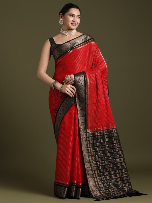 Red Red Leheriya Crepe Woven Saree
