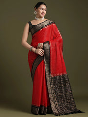 Red Leheriya Crepe Woven Saree - The Dori Store