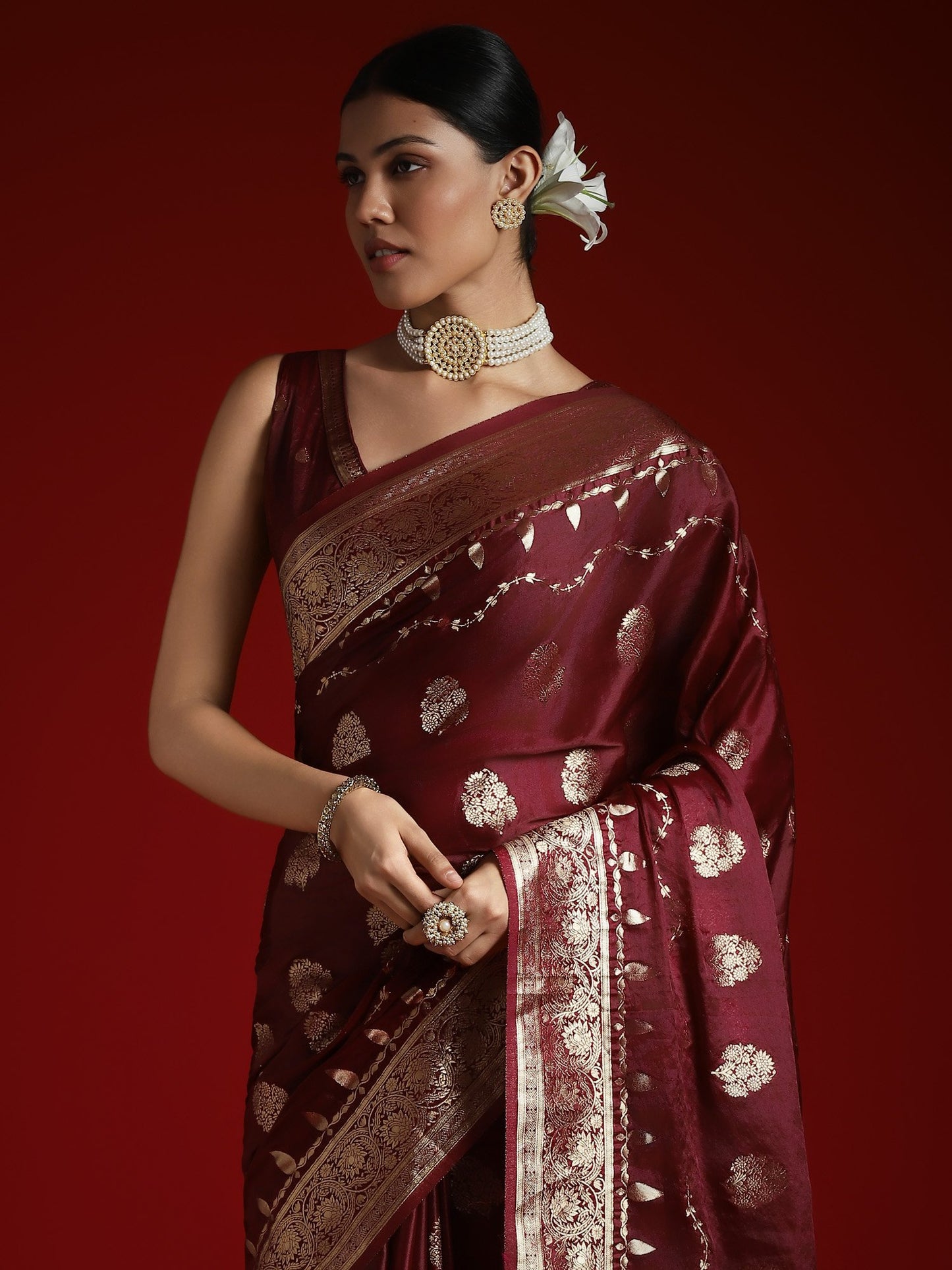 Burgundy Banarasi Satin Woven Saree