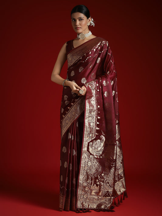 Maroon Burgundy Banarasi Satin Woven Saree