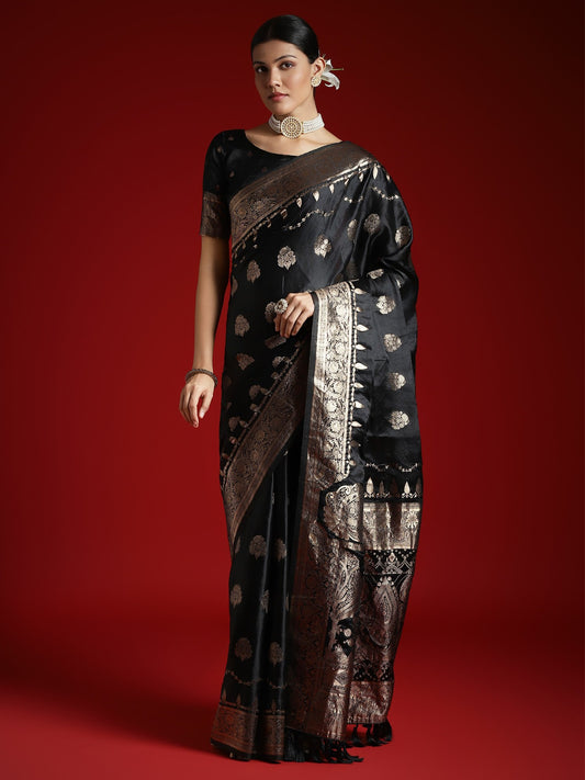 Black Black Banarasi Satin Woven Saree