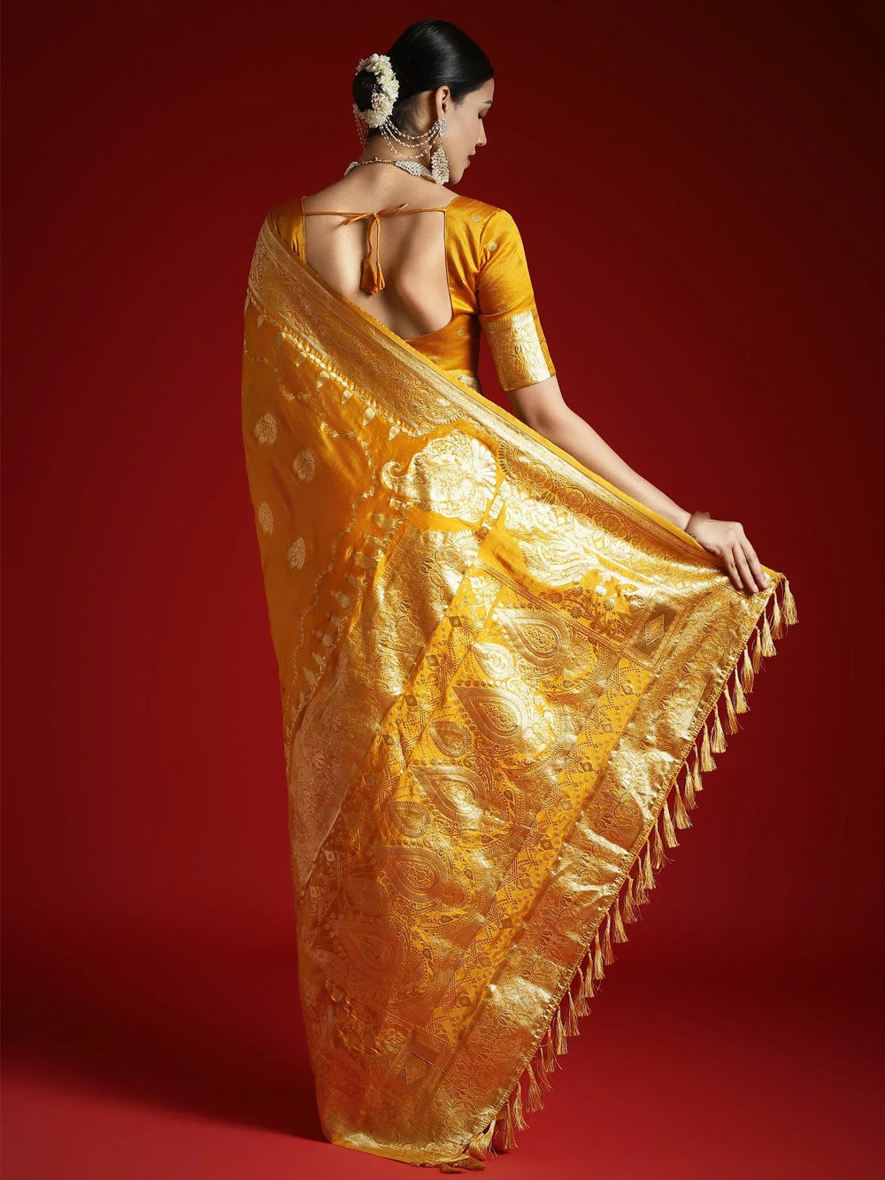 Yellow Banarasi Satin Woven Saree - The Dori Store