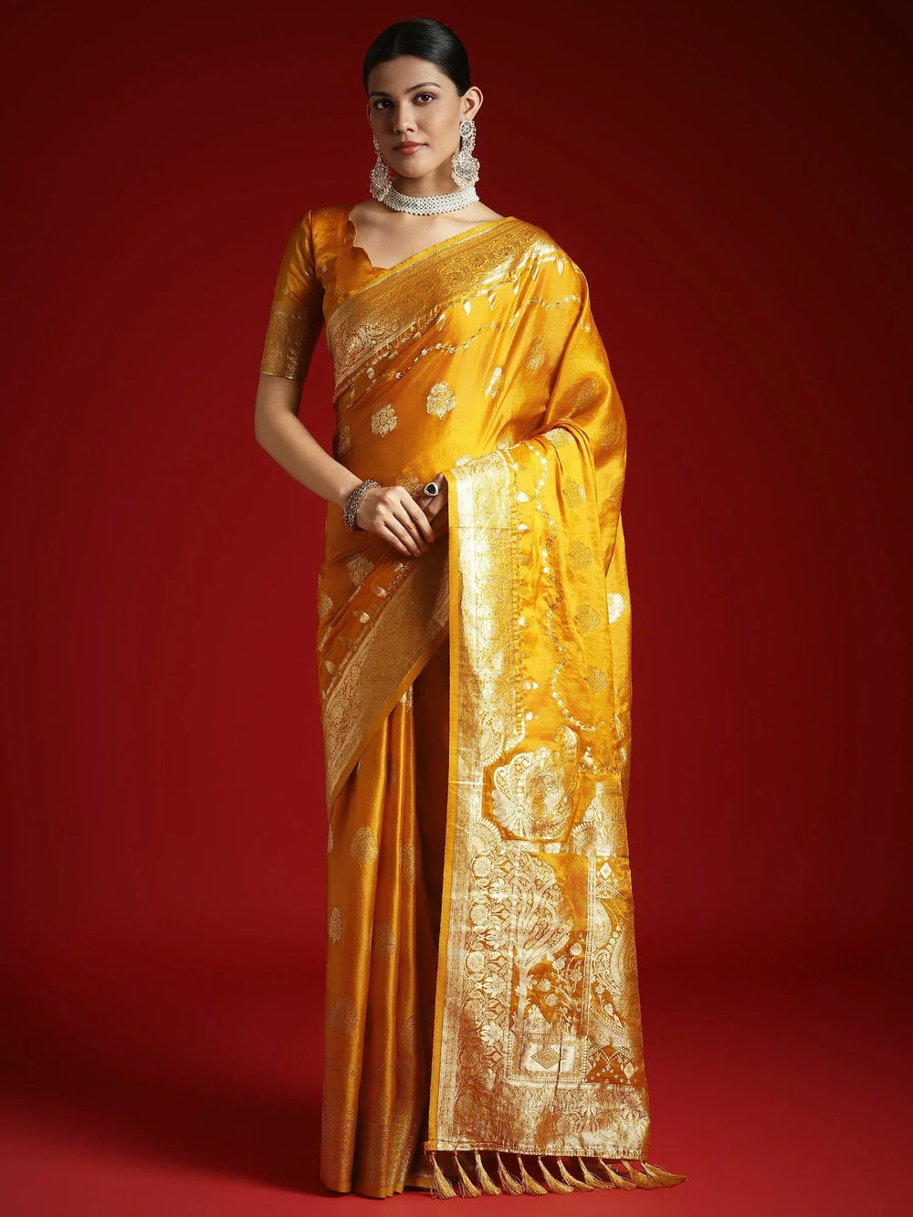 Yellow Banarasi Satin Woven Saree - The Dori Store