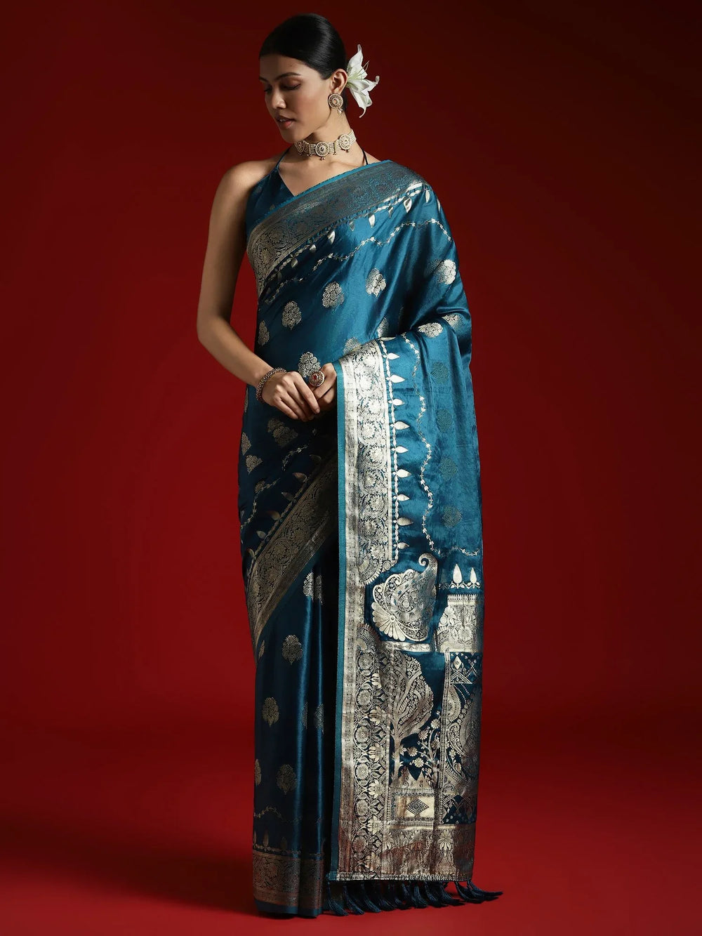 Teal Blue Banarasi Satin Woven Saree - The Dori Store