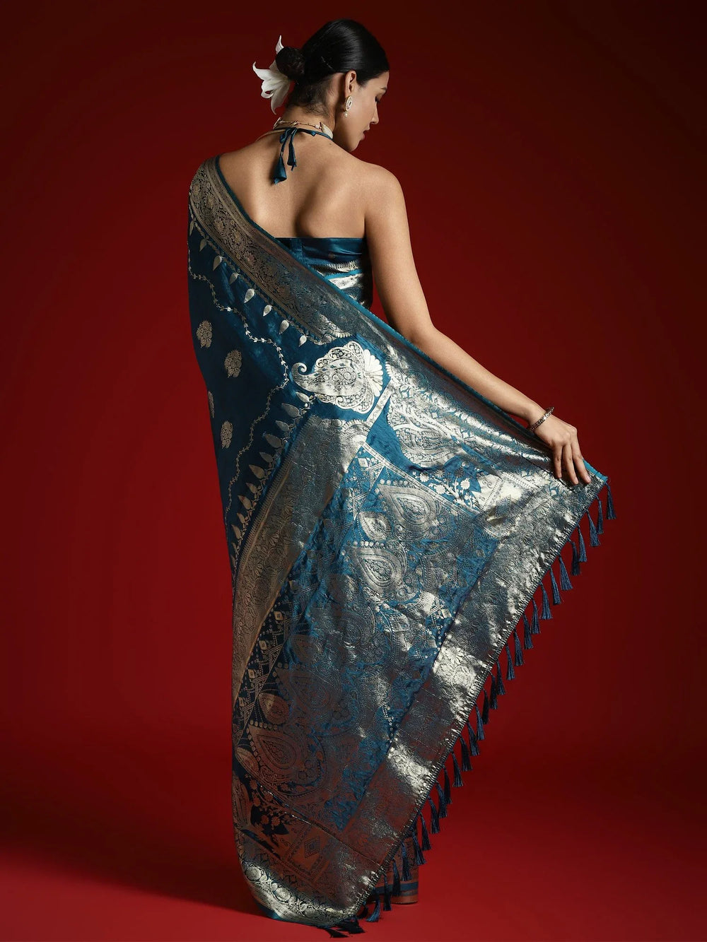 Teal Blue Banarasi Satin Woven Saree - The Dori Store