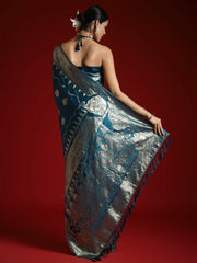 Teal Blue Banarasi Satin Woven Saree - The Dori Store