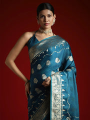 Teal Blue Banarasi Satin Woven Saree - The Dori Store