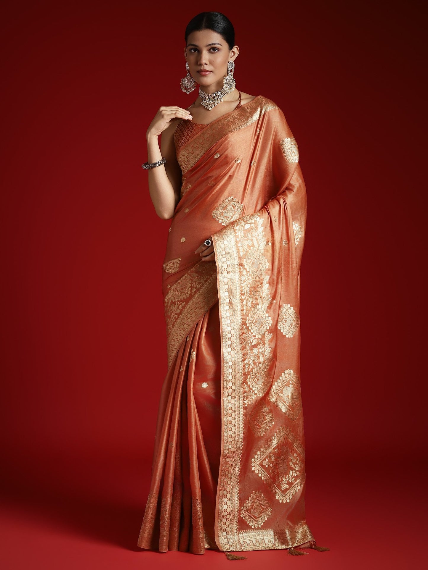Coral Banarasi Satin Woven Saree