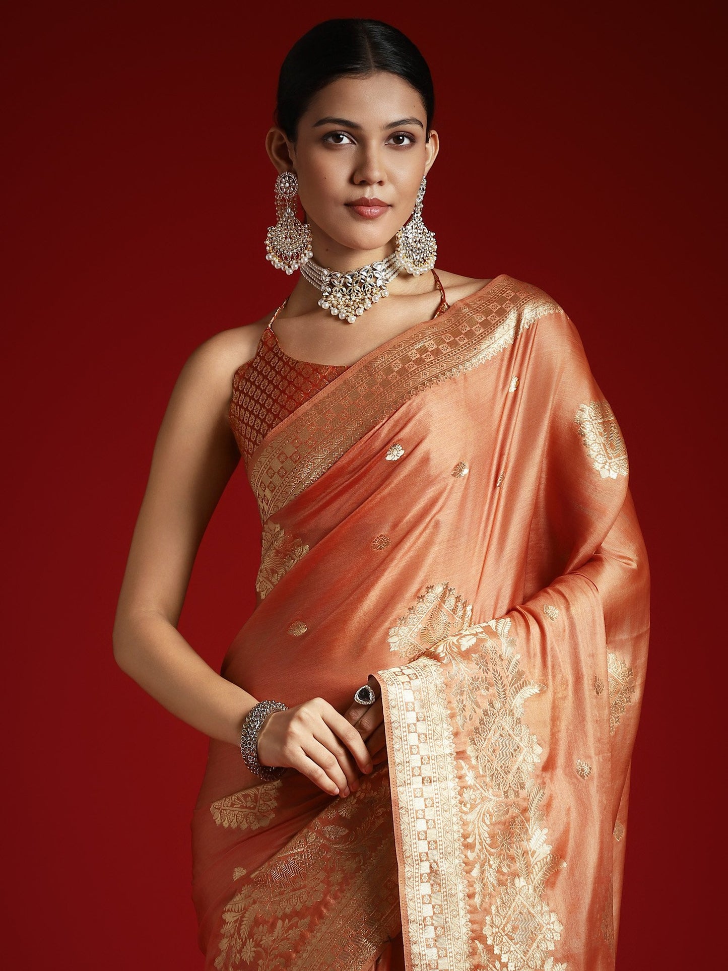 Coral Banarasi Satin Woven Saree