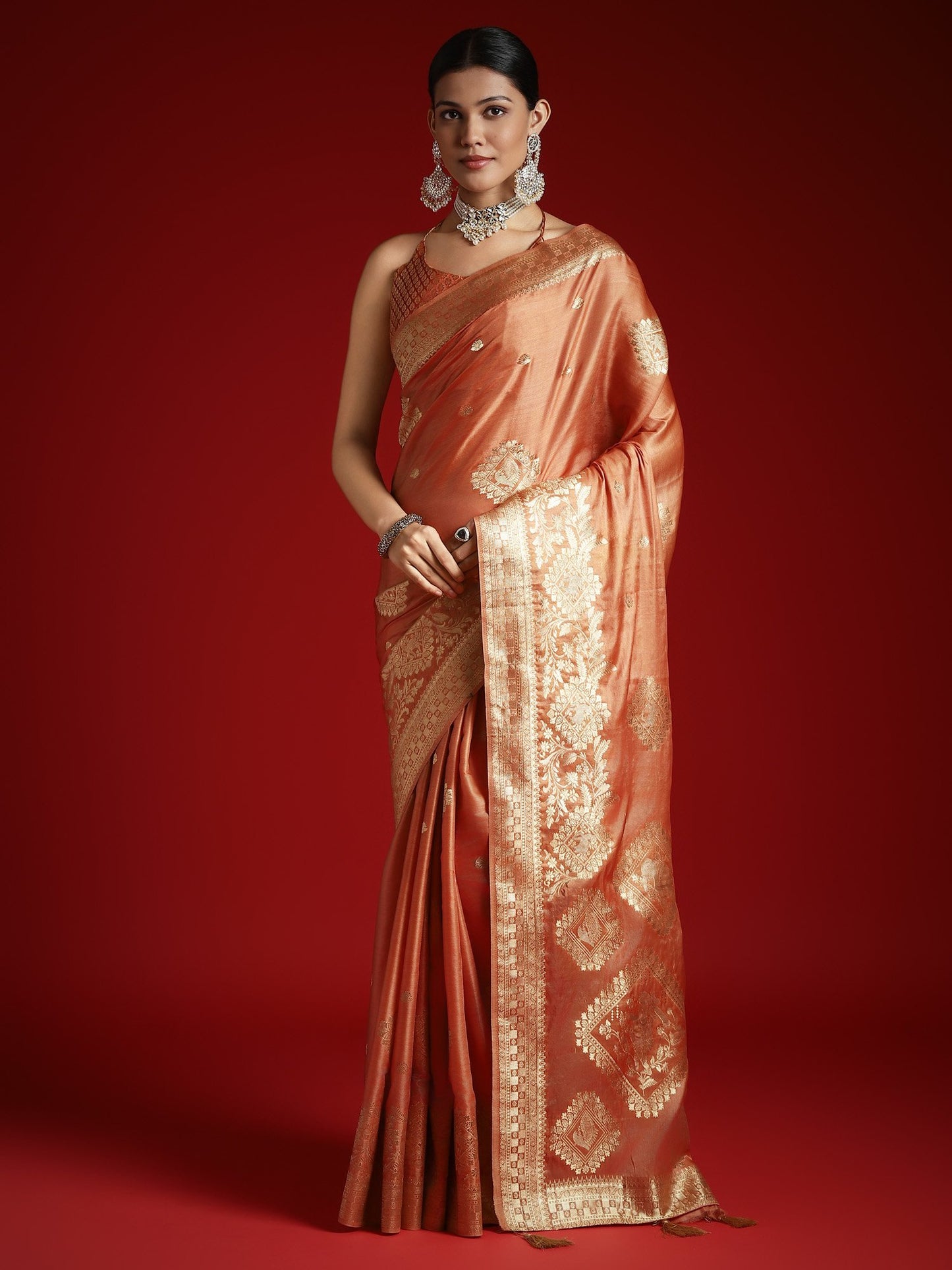 Orange Coral Banarasi Satin Woven Saree