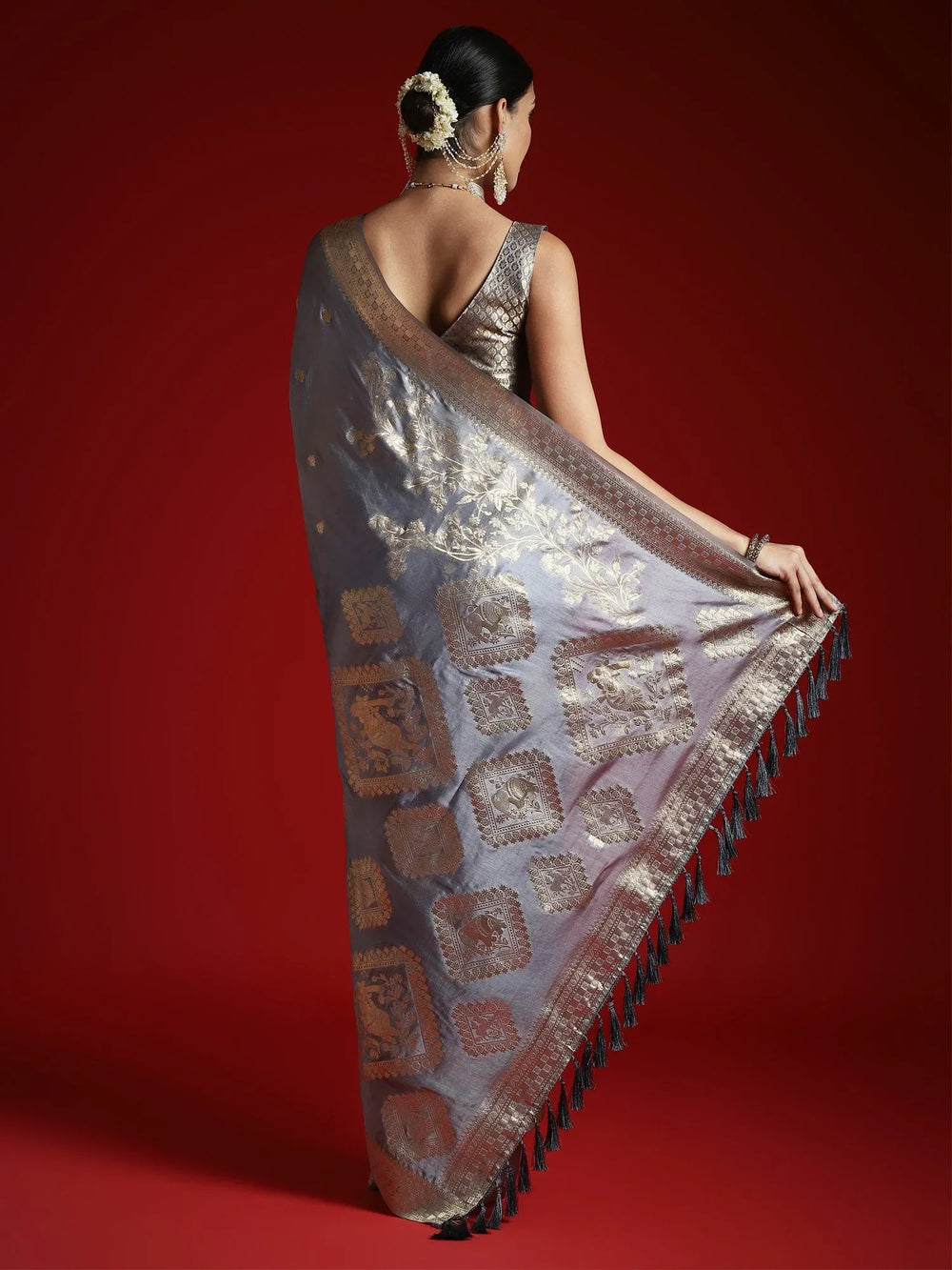 Grey Banarasi Satin Woven Saree - The Dori Store