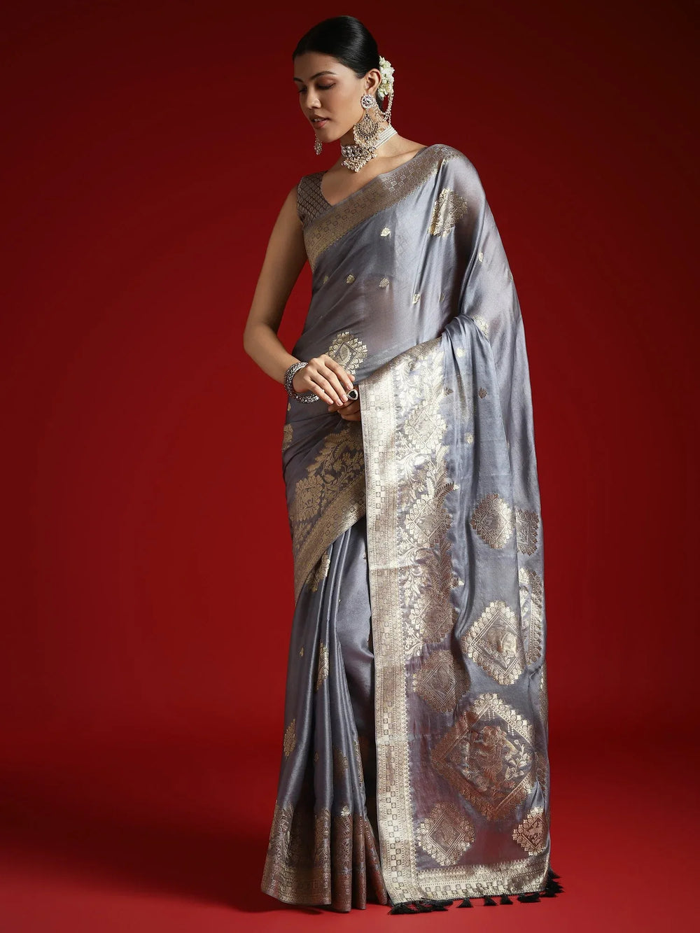 Grey Banarasi Satin Woven Saree - The Dori Store