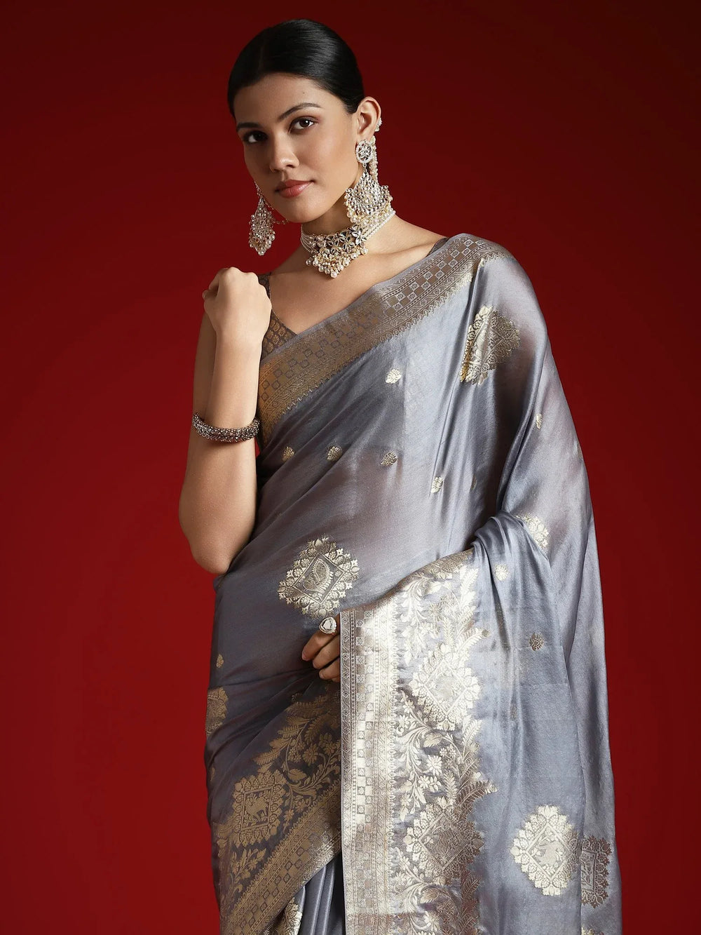 Grey Banarasi Satin Woven Saree - The Dori Store