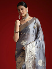 Grey Banarasi Satin Woven Saree - The Dori Store