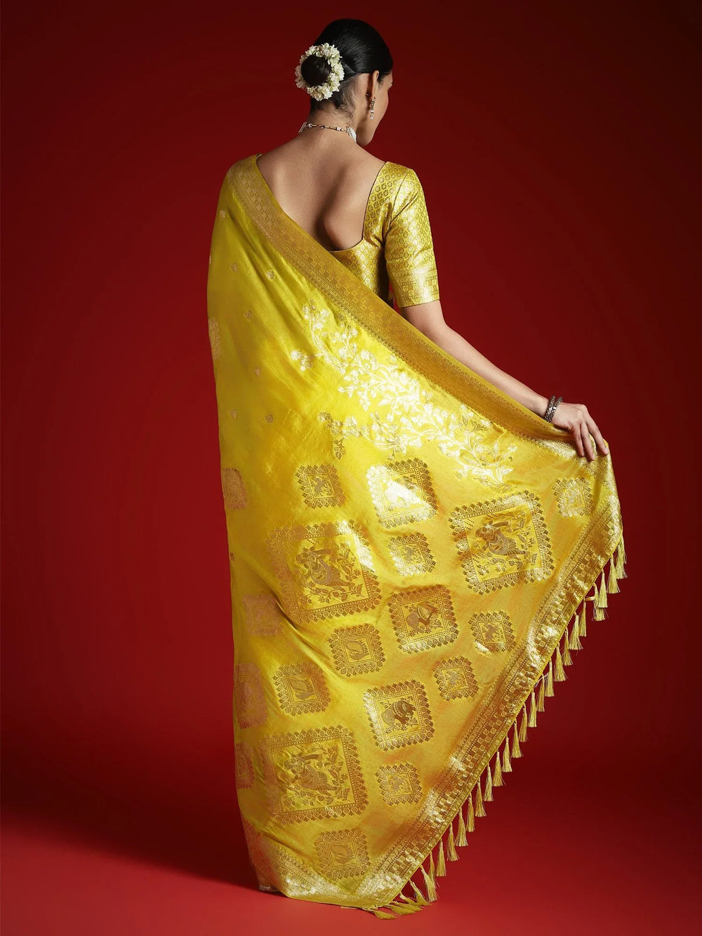 Lemon Banarasi Satin Woven Saree - The Dori Store