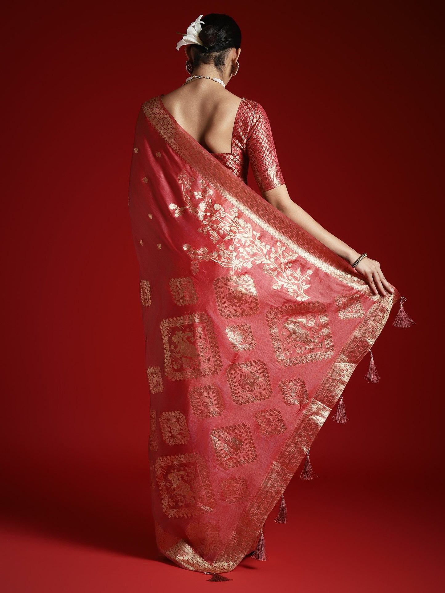 Peach Banarasi Satin Woven Saree