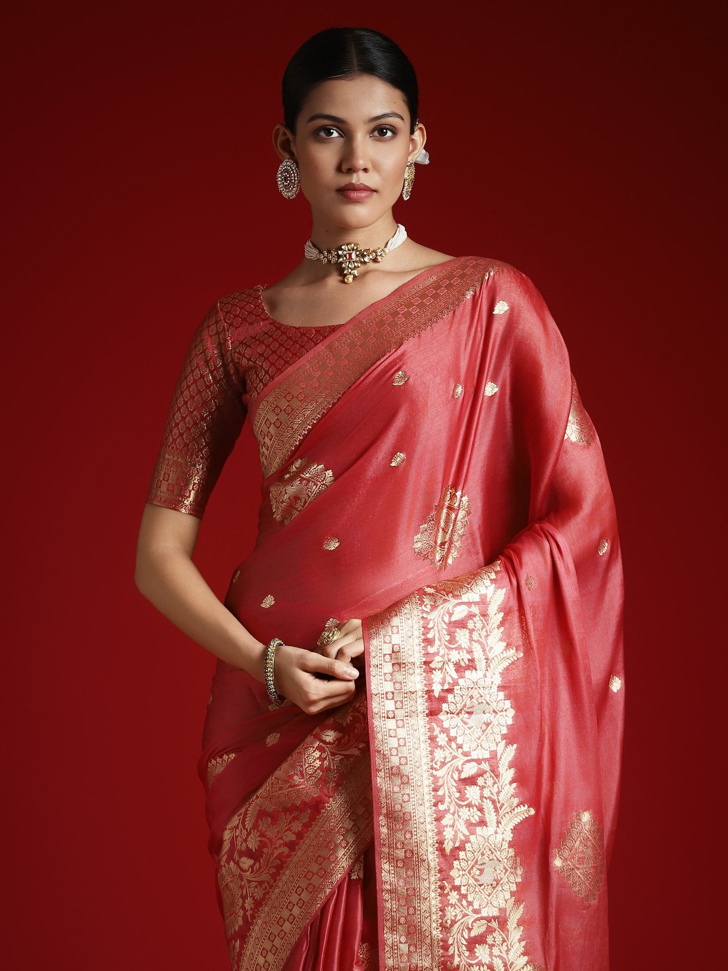 Peach Banarasi Satin Woven Saree