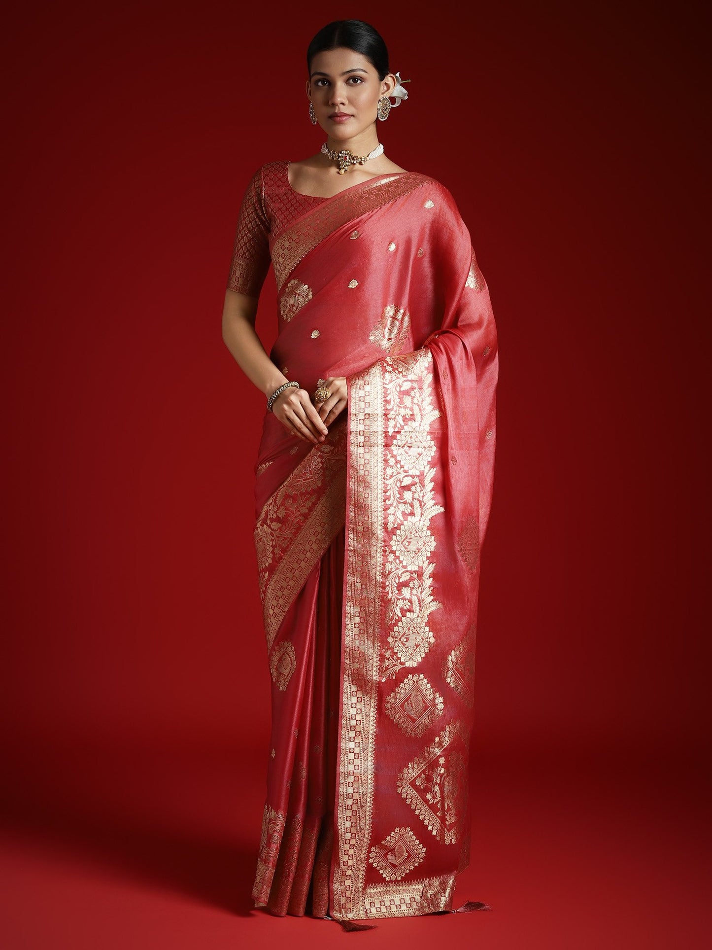 Pink Peach Banarasi Satin Woven Saree