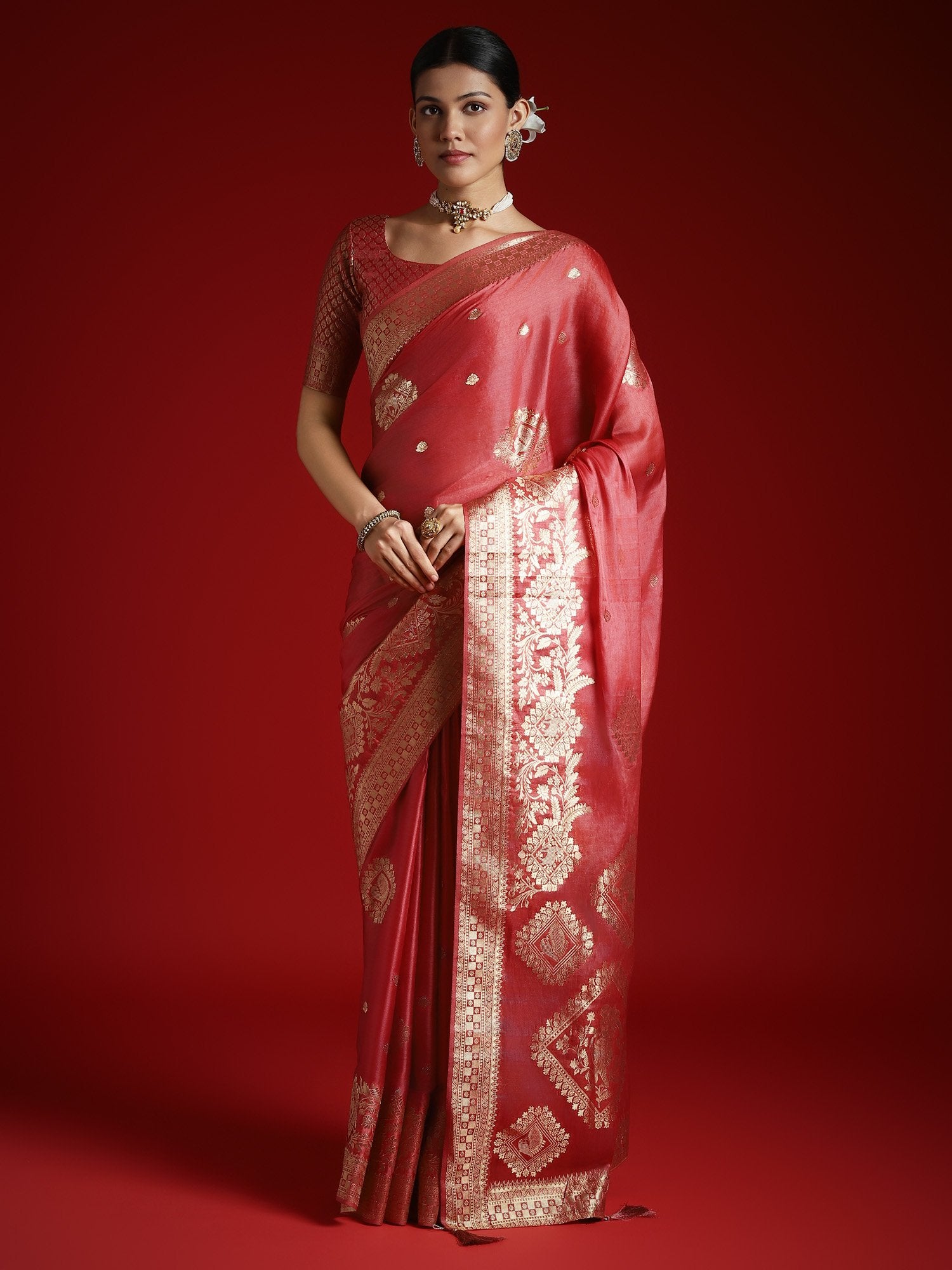 Pink Peach Banarasi Satin Woven Saree