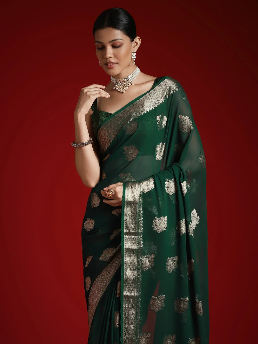 Green Banarasi Georgette Woven Saree - The Dori Store