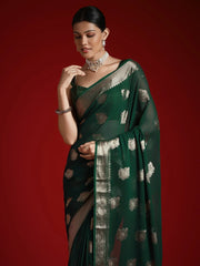 Green Banarasi Georgette Woven Saree - The Dori Store