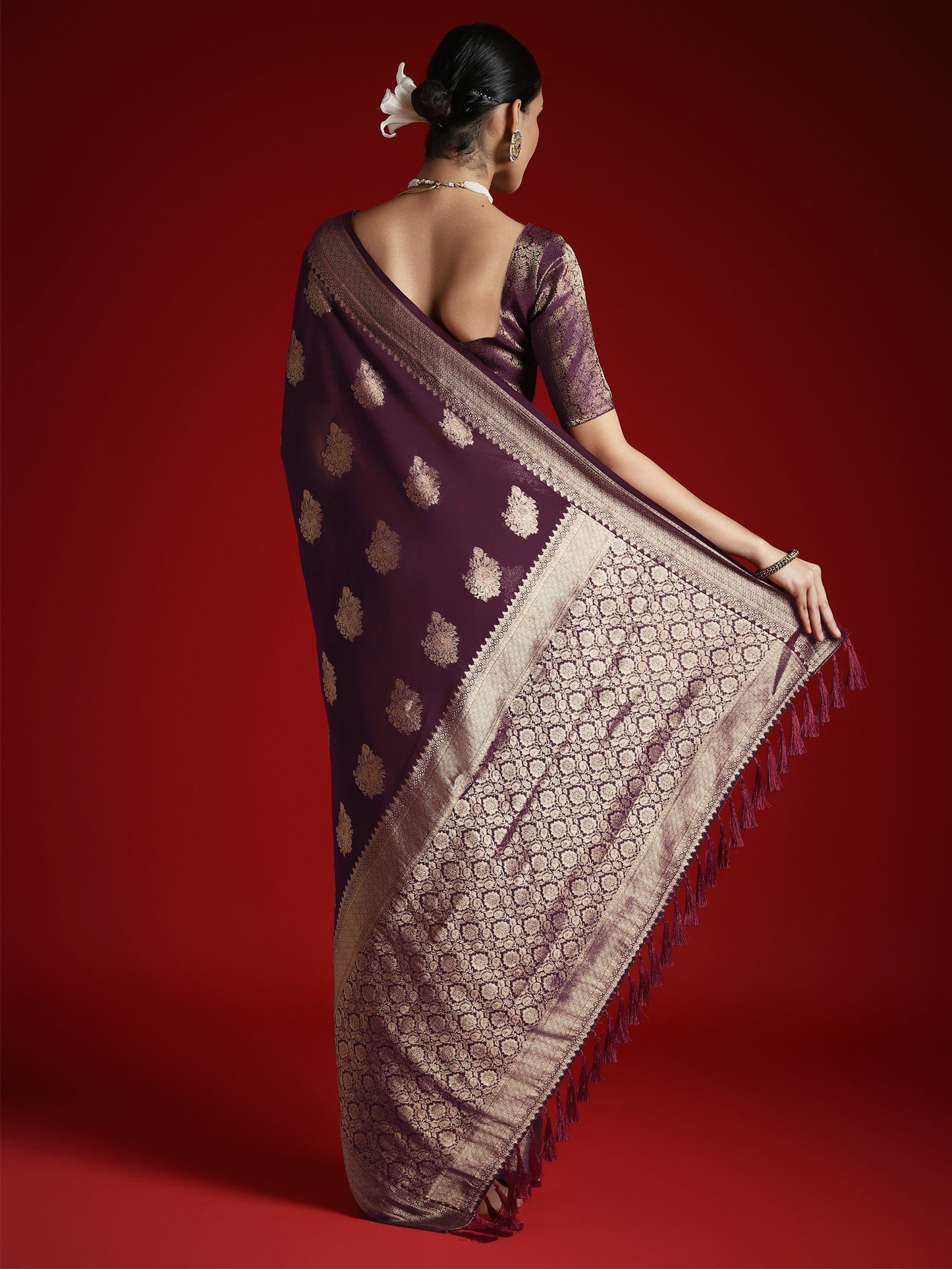 Burgundy Banarasi Georgette Woven Saree