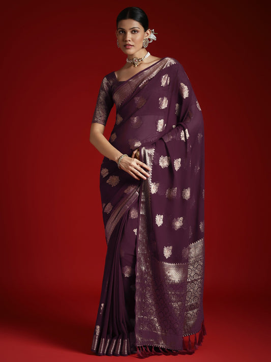 Purple Burgundy Banarasi Georgette Woven Saree