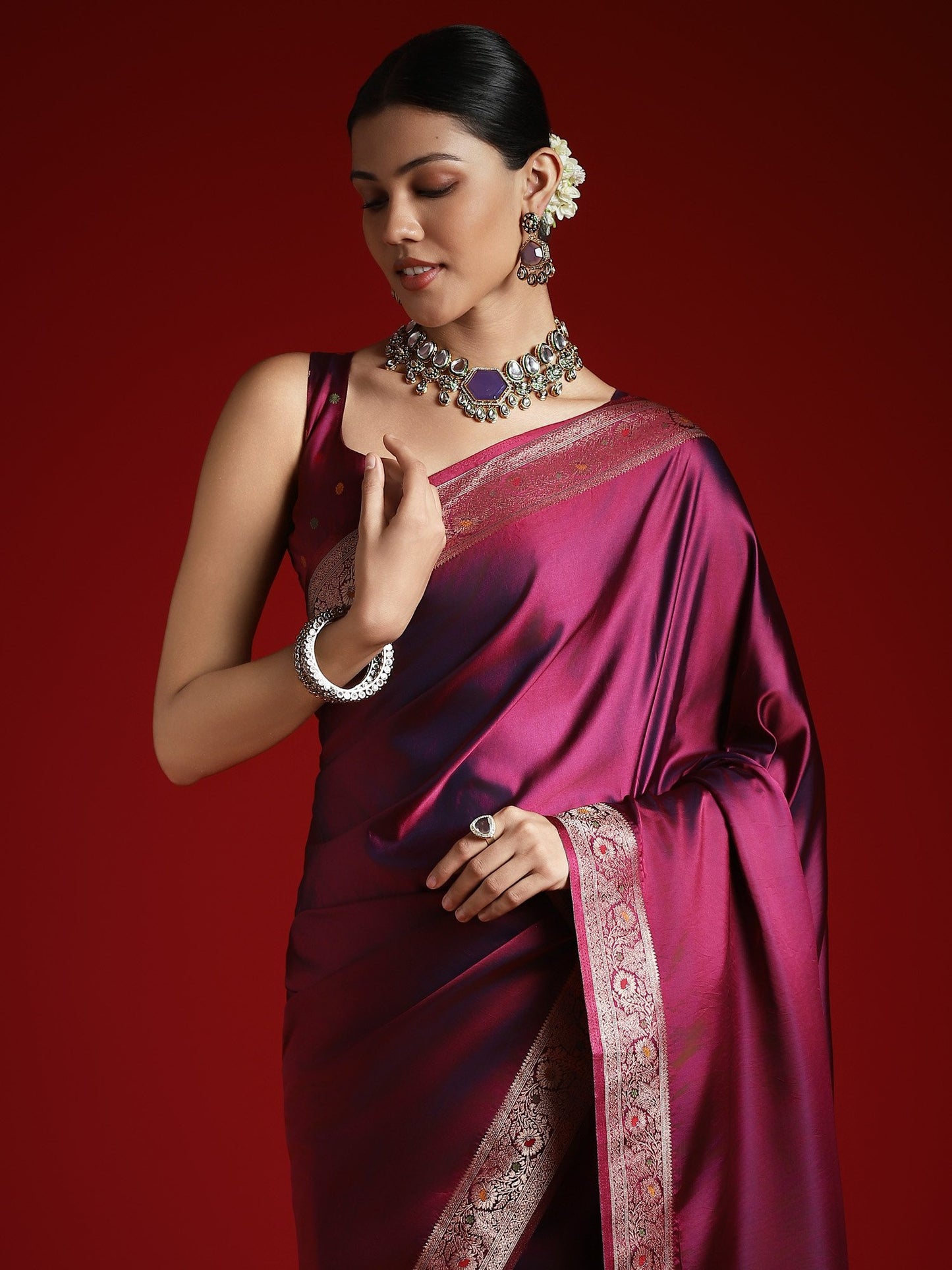 Magenta Banarasi Satin Silk Woven Saree