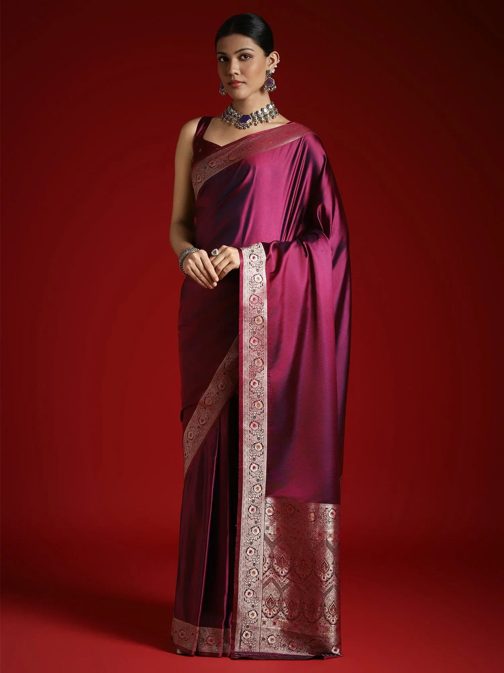 Magenta Banarasi Satin Silk Woven Saree - The Dori Store