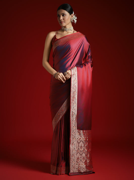 Maroon Maroon Banarasi Satin Silk Woven Saree