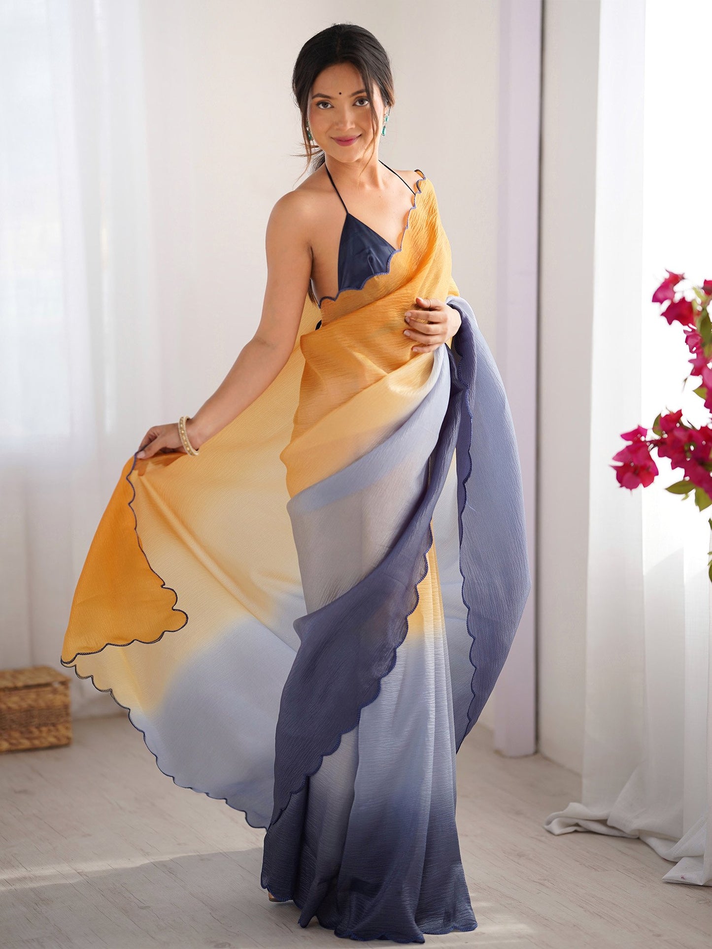 Yellow Mustard Party Wear Chiffon Embroidered Saree