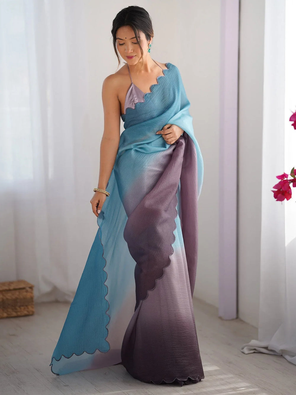 Blue Party Wear Chiffon Embroidered Saree - The Dori Store