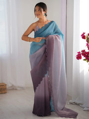 Blue Party Wear Chiffon Embroidered Saree - The Dori Store