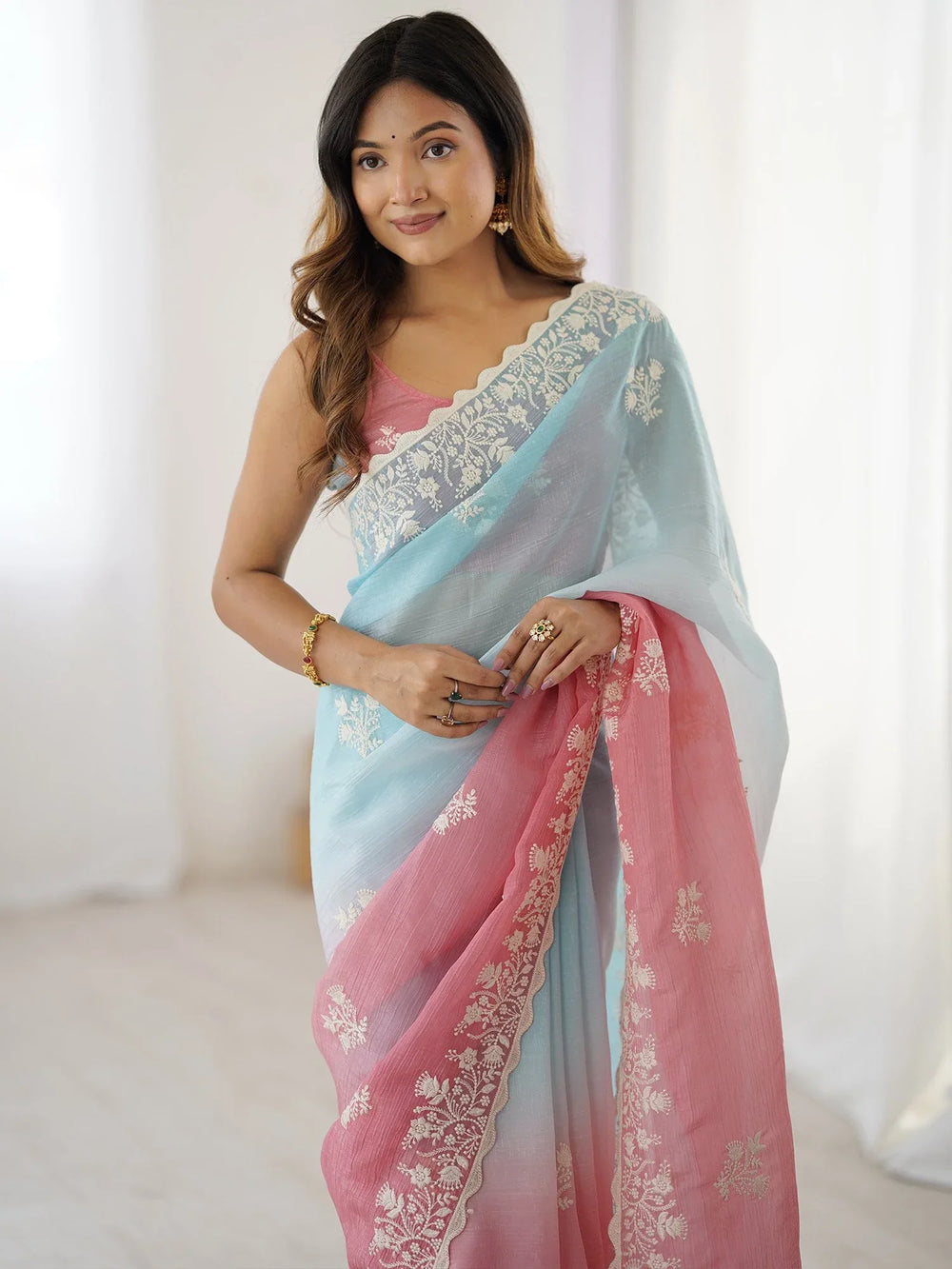 Light Party Wear Tissue Embroidered Saree - The Dori Store
